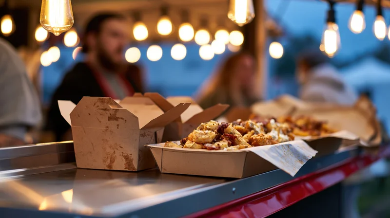 Fried chicken wings in open cardboard boxes on a food truck counter at evening market