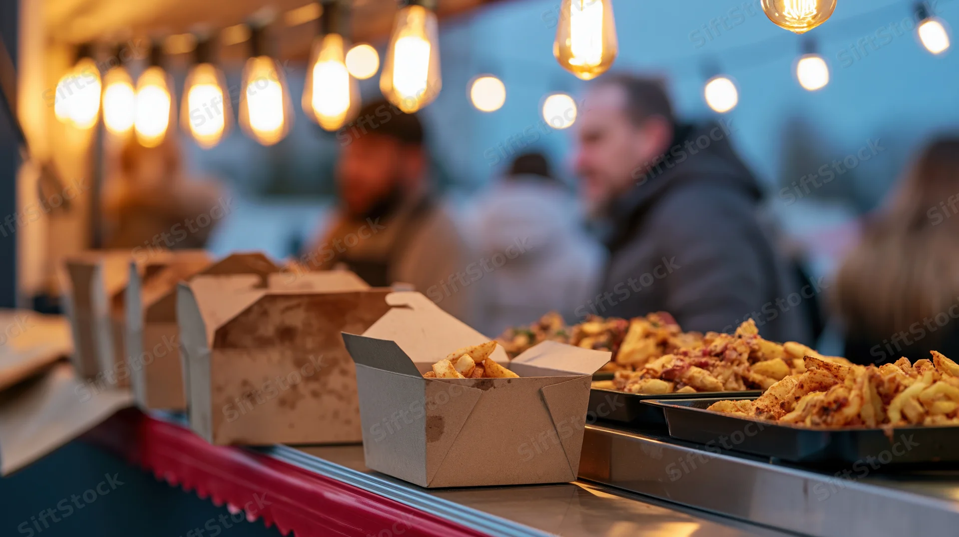 Food truck counter with open cardboard boxes of fries and trays of food under warm string lights at evening market