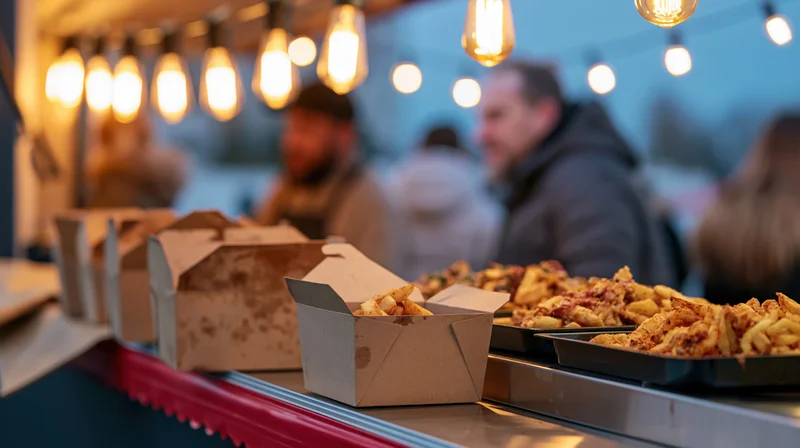 Food truck counter with open cardboard boxes of fries and trays of food under warm string lights at evening market
