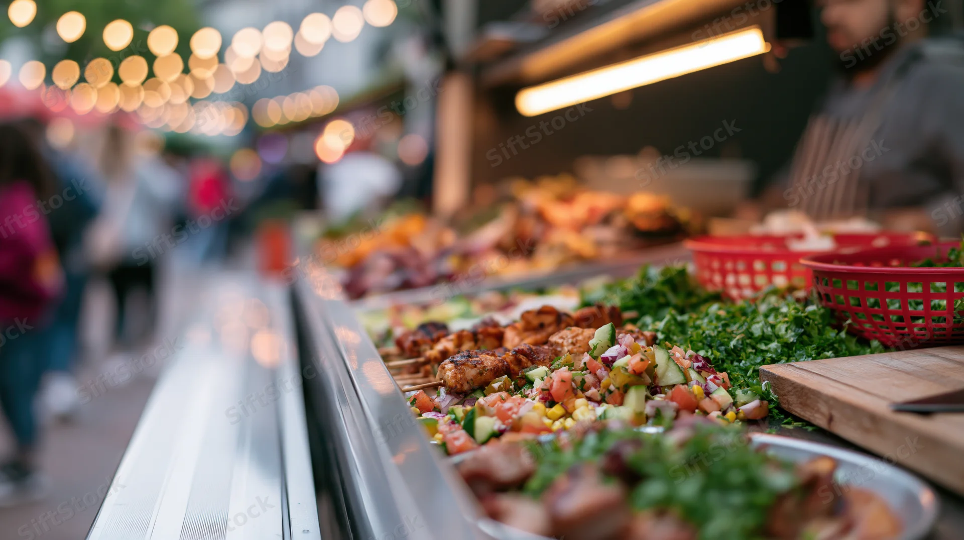 Grilled skewers and vegetables displayed on a food truck counter at an outdoor evening market