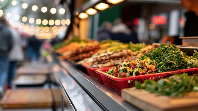 Food truck counter displaying grilled meats and fresh salads in red baskets under warm lights