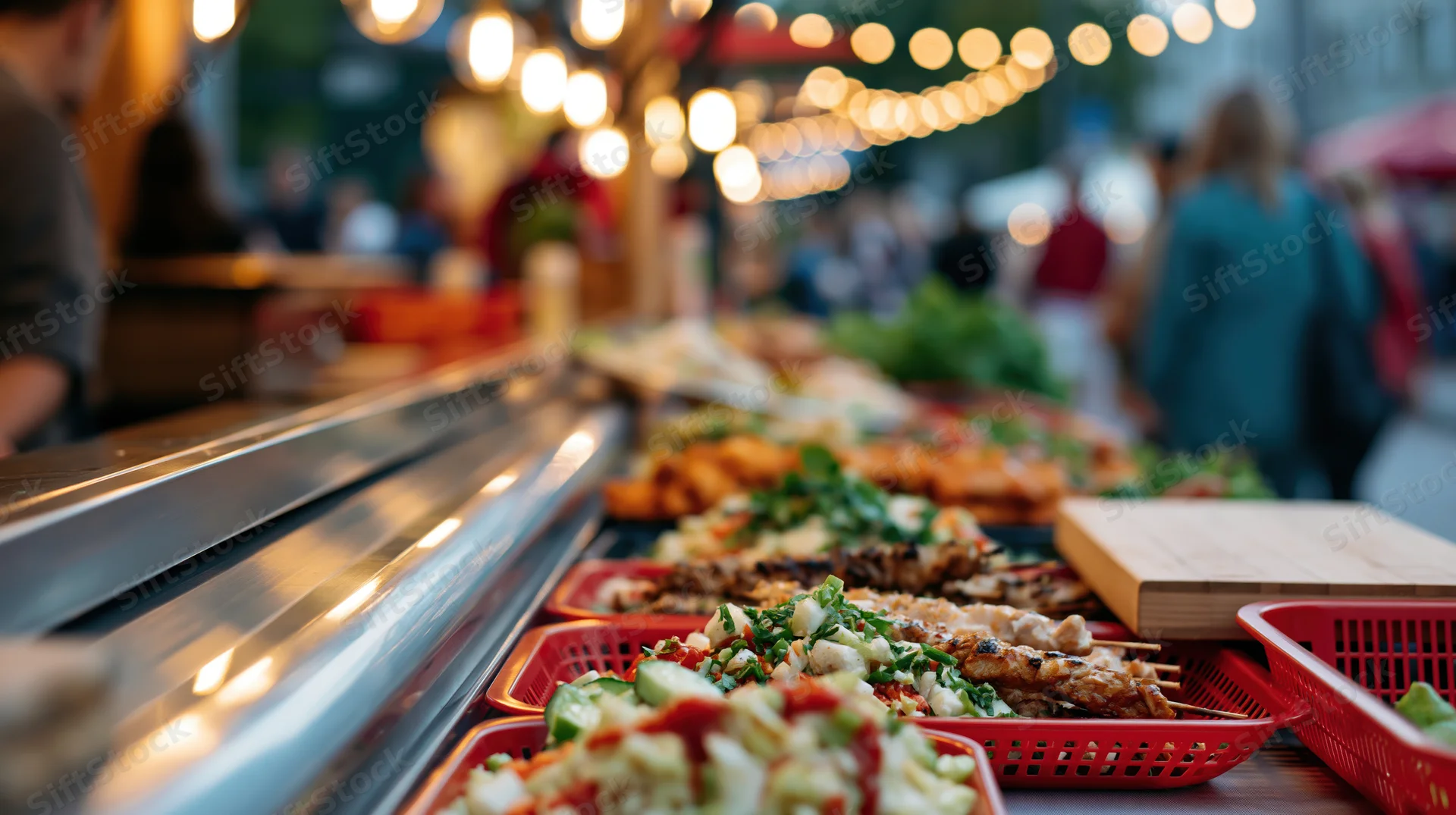 Grilled dishes arranged on a food truck counter at night with string lights and customers in the background
