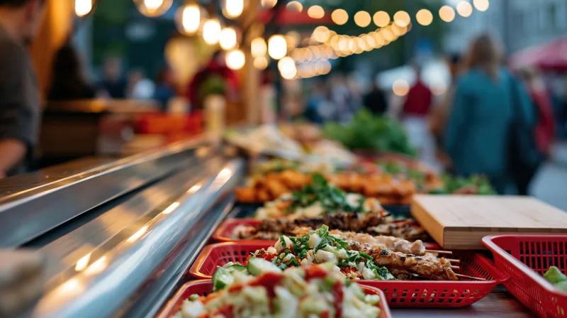 Grilled dishes arranged on a food truck counter at night with string lights and customers in the background