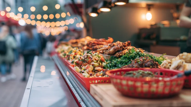 Grilled meats and vegetables displayed on a food truck counter at night