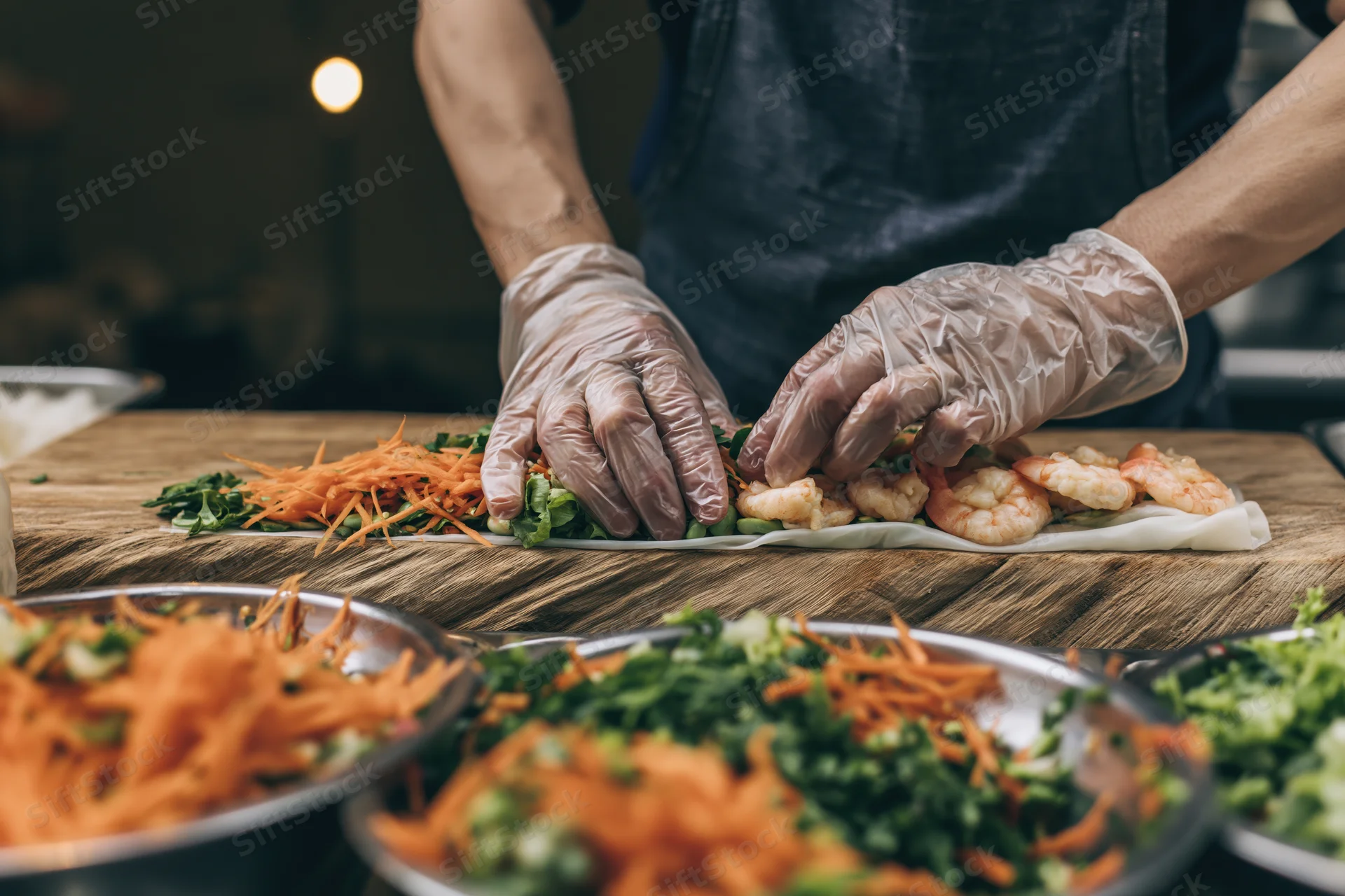 Chef assembling spring rolls with shrimp and vegetables on a wooden board