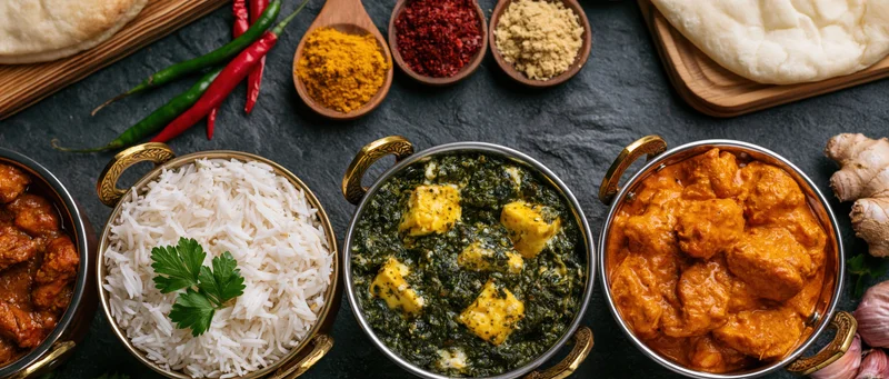 Four indian curry dishes in brass-handled karahi bowls with rice and spices on dark stone surface