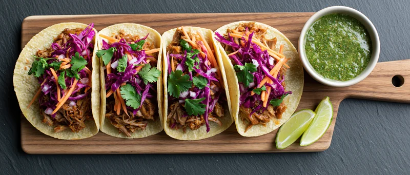 Four street tacos with pulled pork and colorful slaw on a wooden board with lime wedges and green sauce