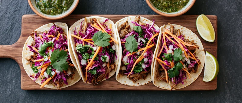 Four street tacos with shredded meat and colorful slaw on a wooden board with lime wedges and salsa bowls beside them