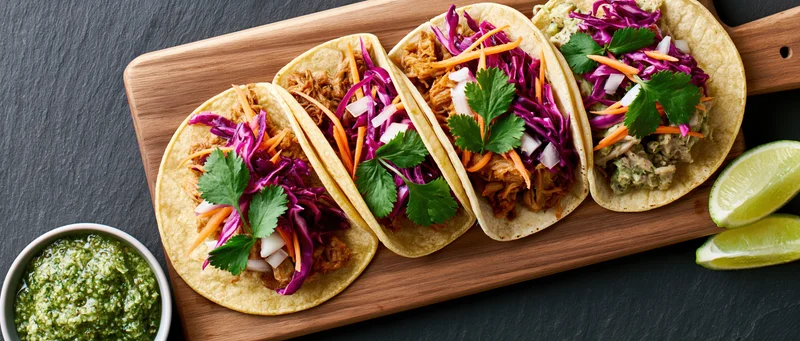 Four assorted street tacos in soft corn tortillas lined up on a wooden cutting board with lime wedges and green sauce on dark slate background