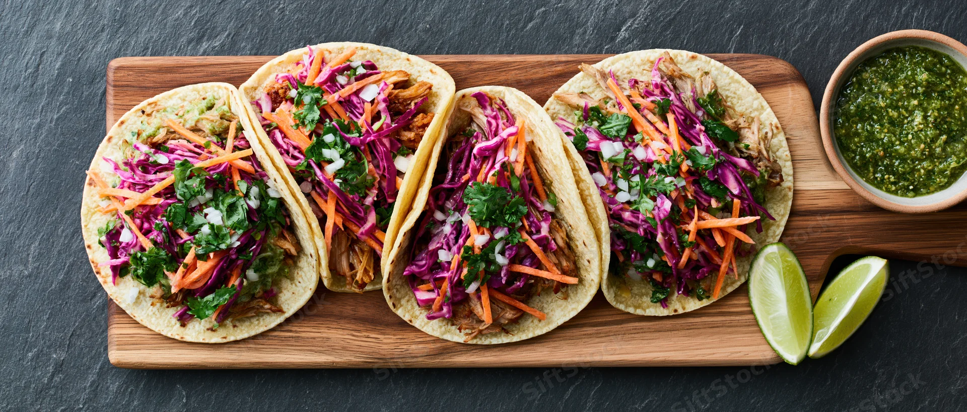 Four street tacos with shredded meat and colorful slaw on a wooden cutting board with lime wedges and green sauce