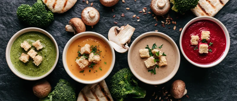 Four ceramic bowls of cream soup arranged in a row on a dark surface with broccoli, mushrooms, and croutons