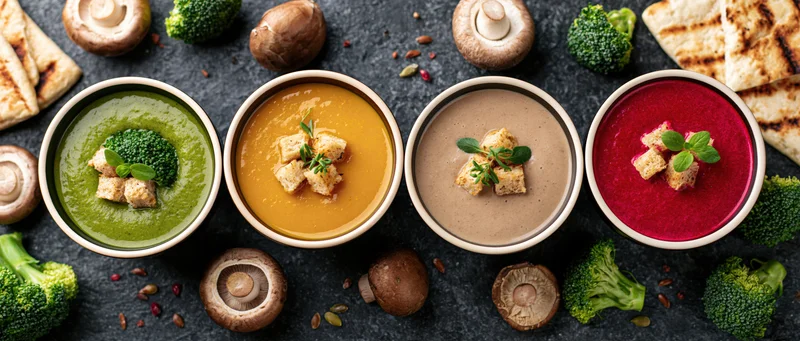 Four ceramic bowls of cream soup arranged in a row on a dark surface with broccoli, mushrooms, and croutons around
