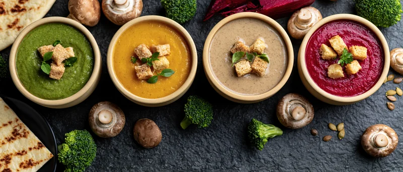 Four ceramic bowls of cream soup arranged in a row on a dark surface with broccoli, mushrooms, and croutons