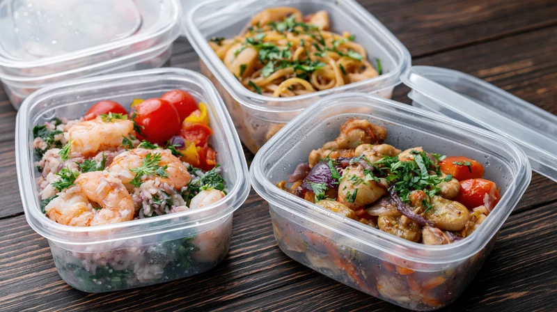 Four clear plastic meal prep containers filled with varied cooked meals arranged on a dark wooden surface