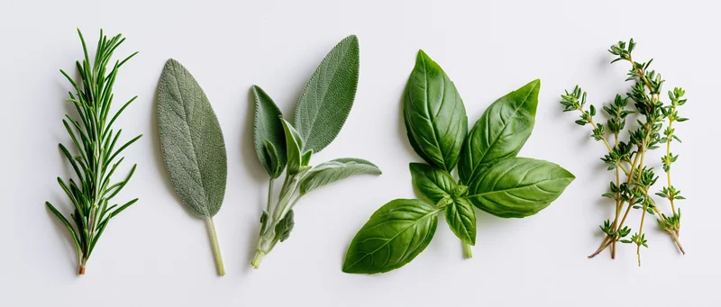 Fresh rosemary, sage, basil and thyme herbs arranged in a row on white background