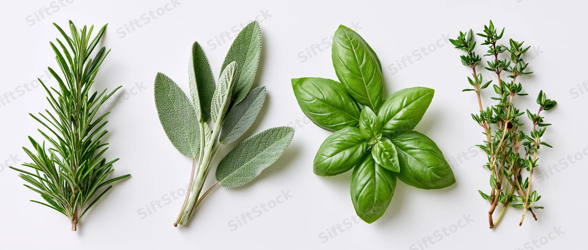 Four fresh herb specimens arranged in a row on a white surface