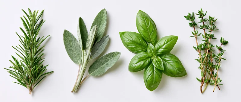 Four fresh herb specimens arranged in a row on a white surface