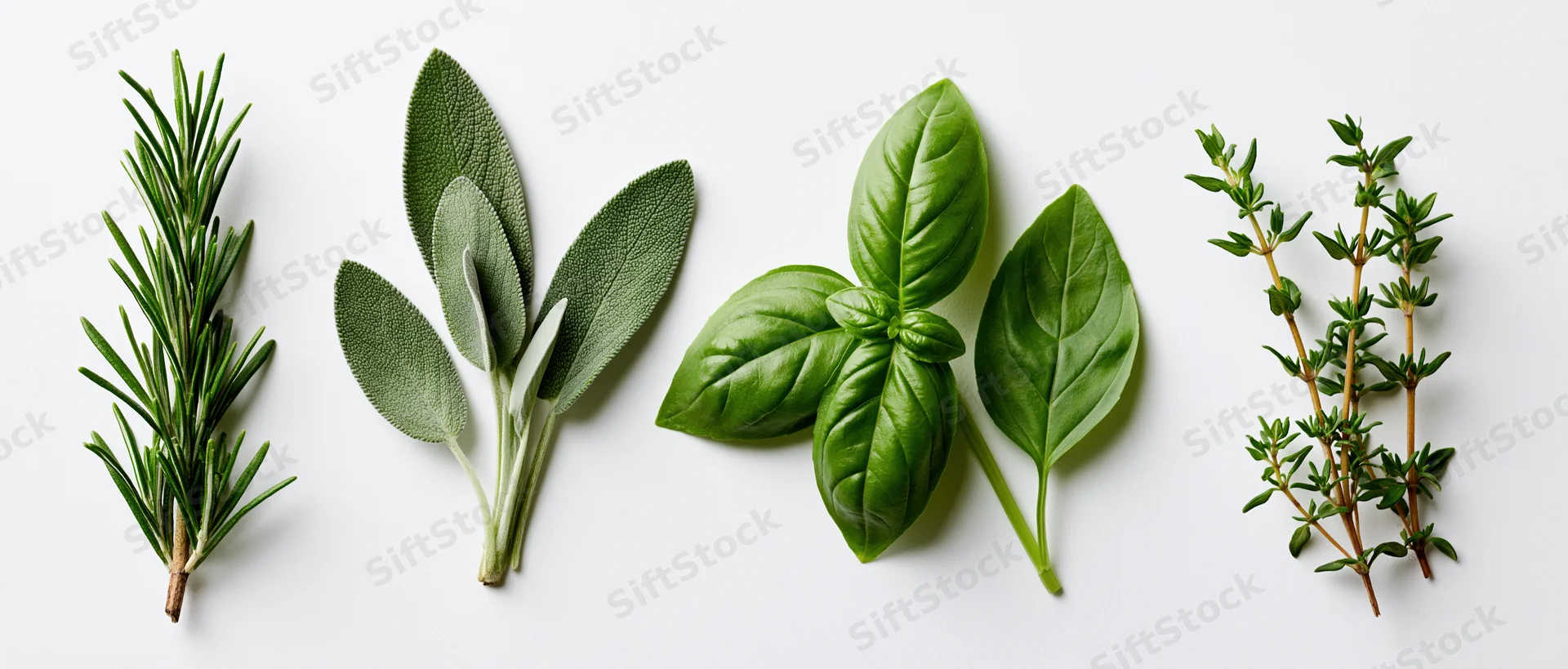 Four fresh herb specimens arranged in a row on a white background