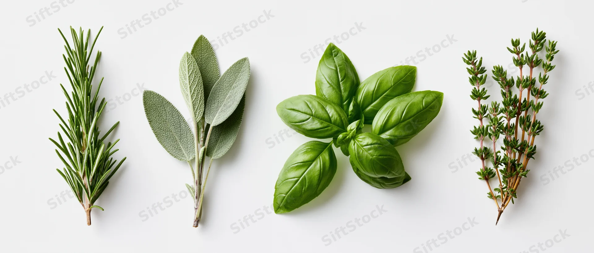 Four fresh herb specimens arranged in a row on a white background