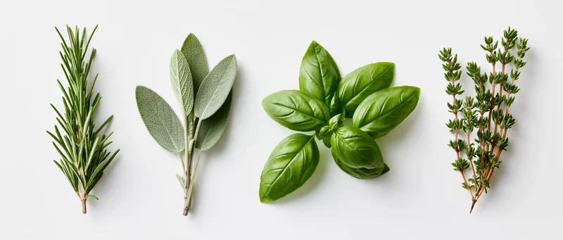 Four fresh herb specimens arranged in a row on a white background