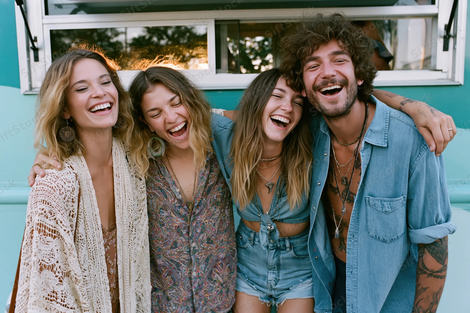 Four friends laughing and hugging together in front of a teal van