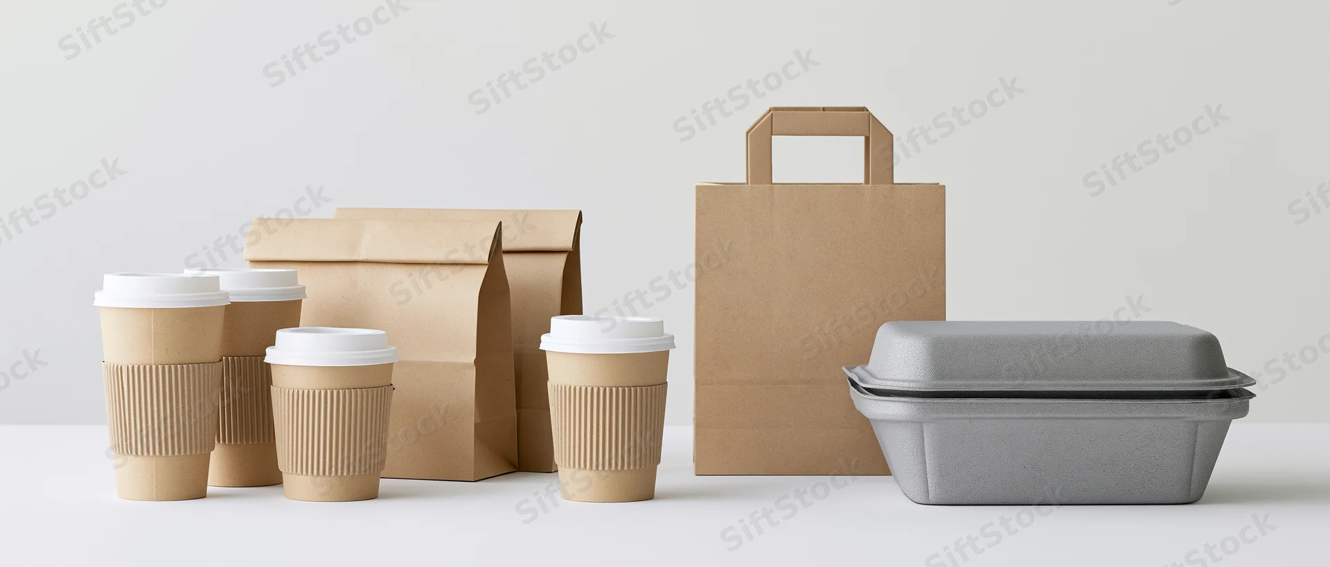 Kraft paper takeaway packaging arranged on a white surface with copyspace