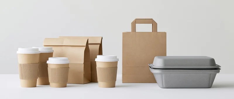 Kraft paper takeaway packaging arranged on a white surface with copyspace