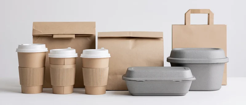 Kraft paper takeaway packaging arranged in groups on white surface
