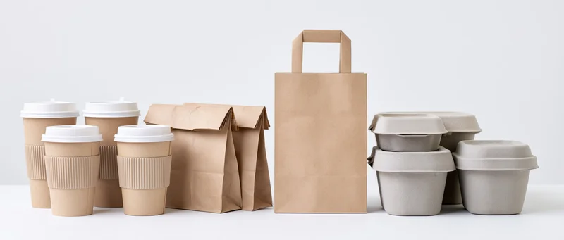 Kraft paper takeaway packaging arranged in groups on a white surface