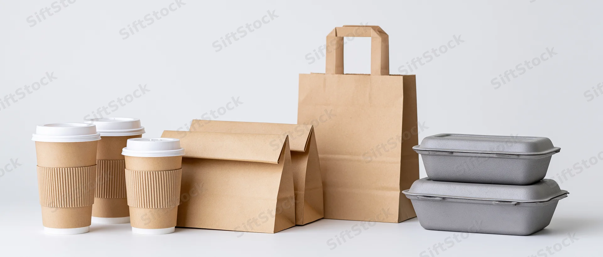 Kraft paper takeaway packaging arranged in groups on a white surface