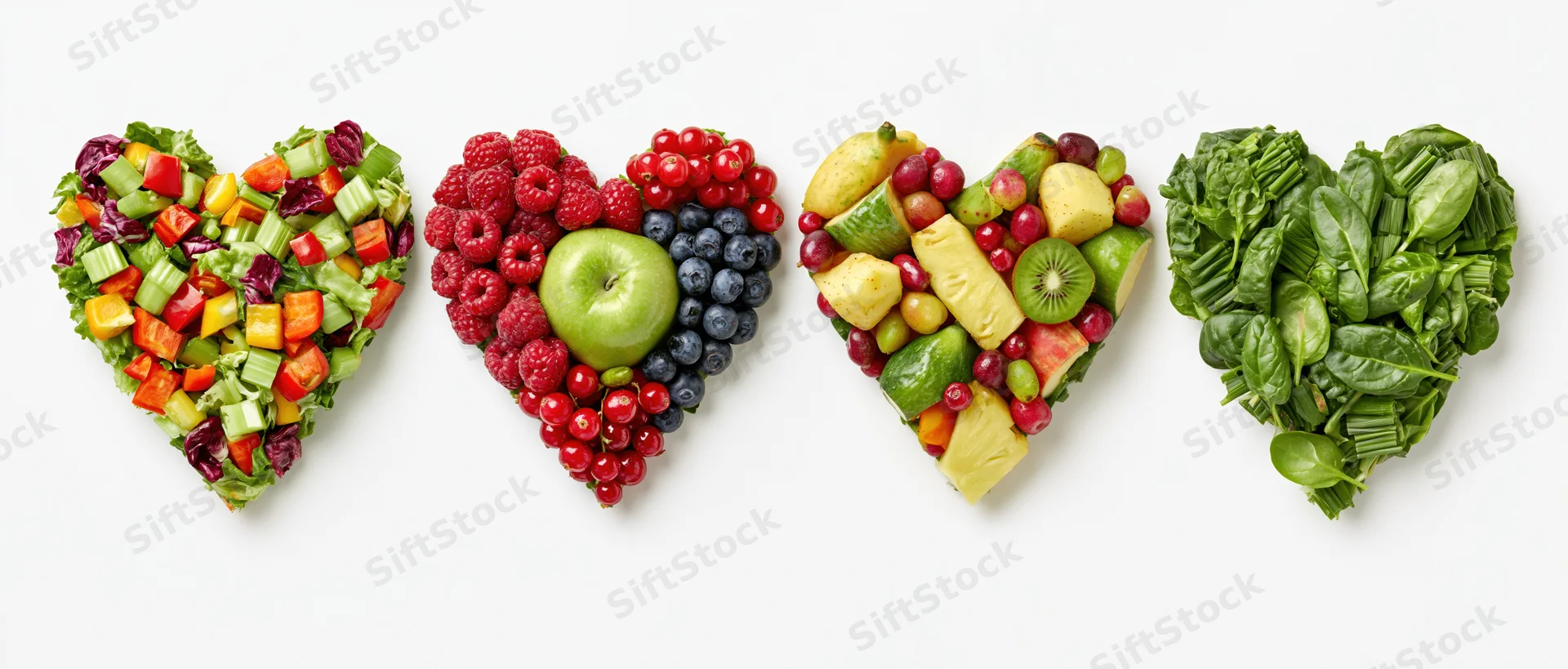 Four heart-shaped arrangements of fruits and vegetables on white background
