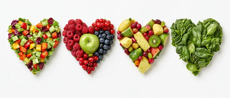 Four heart-shaped arrangements of fruits and vegetables on white background