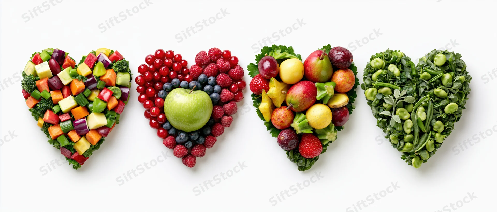 Four heart-shaped arrangements of fruits and vegetables in a row on white background