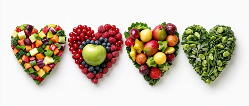 Four heart-shaped arrangements of fruits and vegetables in a row on white background