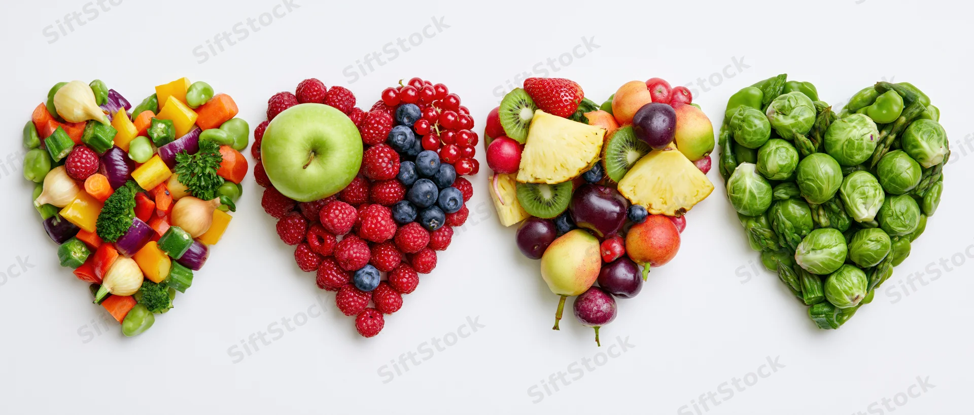 Four heart-shaped arrangements of fruits and vegetables in a row on white background