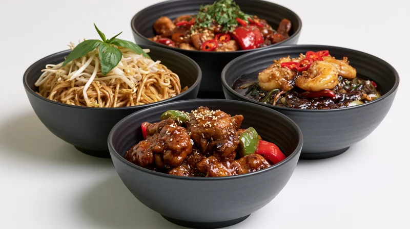 Four matte black ceramic bowls arranged in a loose cluster each containing a different chinese dish with noodles, chicken, shrimp, and vegetables on a white surface