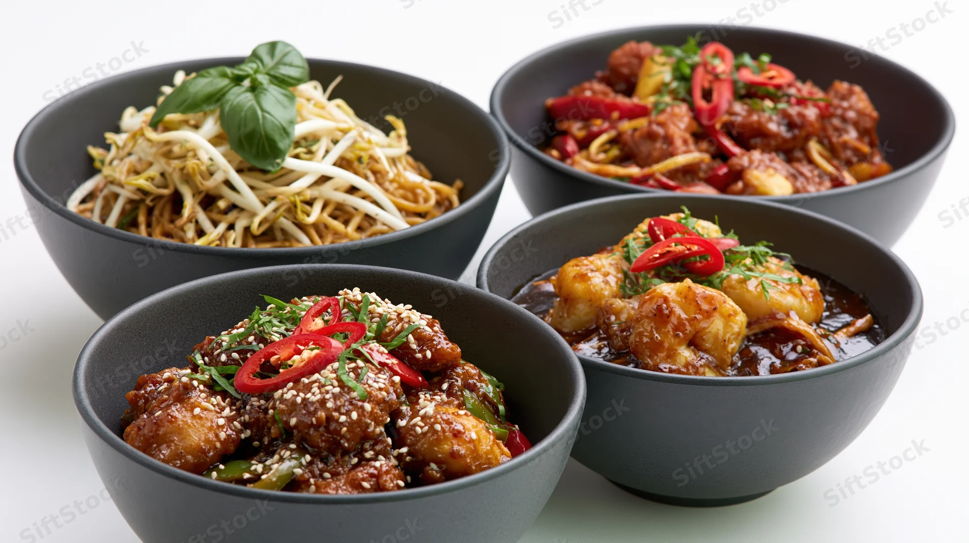 Four matte black ceramic bowls each containing a different asian stir fry dish arranged in a loose cluster on a white surface