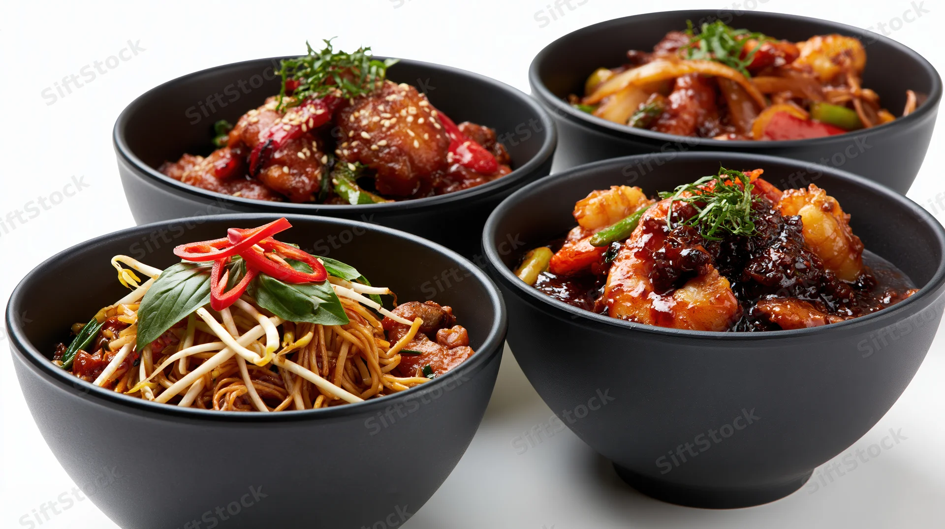 Four matte black ceramic bowls arranged in a loose cluster each filled with different asian stir-fry dishes on a white surface