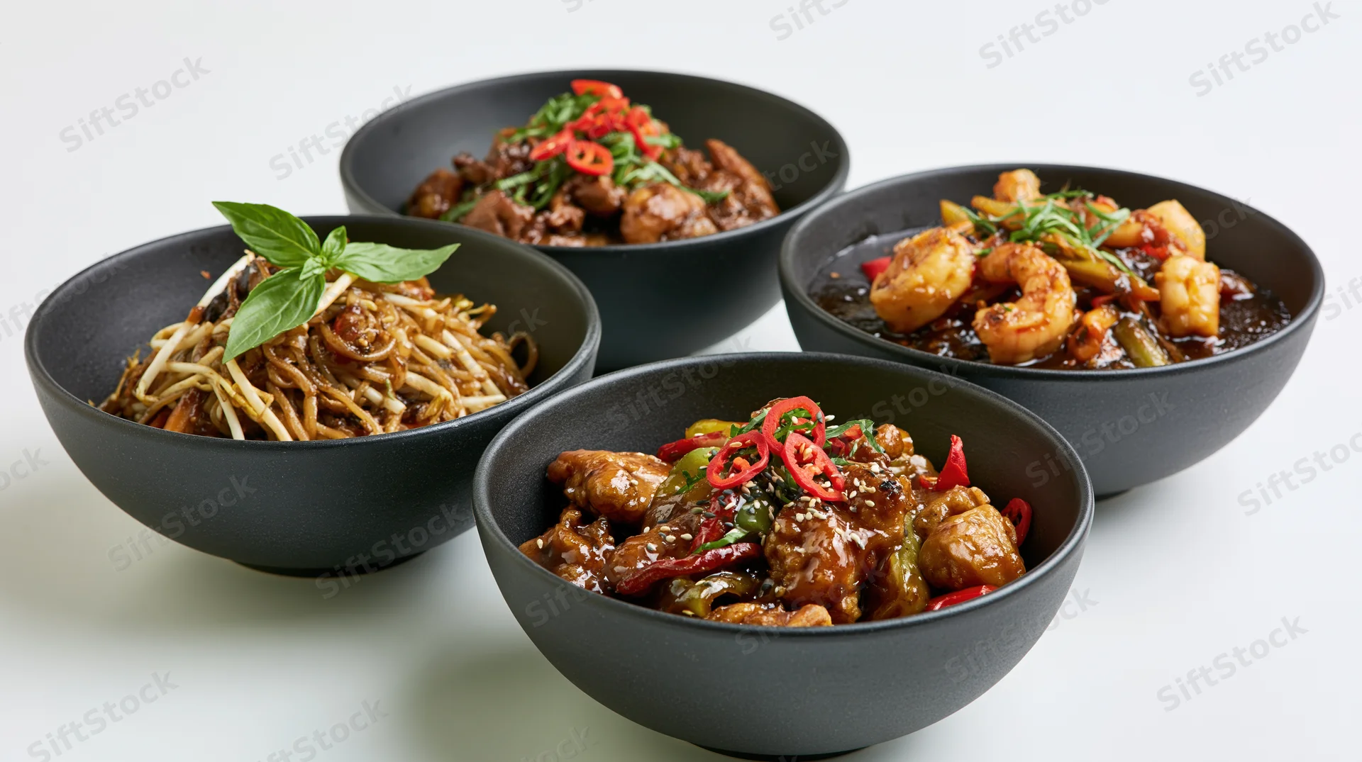 Four matte black ceramic bowls arranged in a loose cluster each containing a different stir-fried dish with vegetables and protein on a white surface