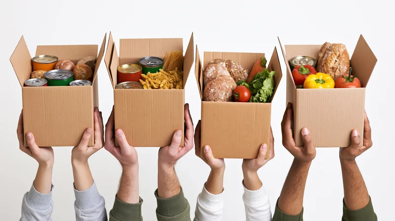 Four pairs of hands holding open cardboard boxes filled with food donations against a white background