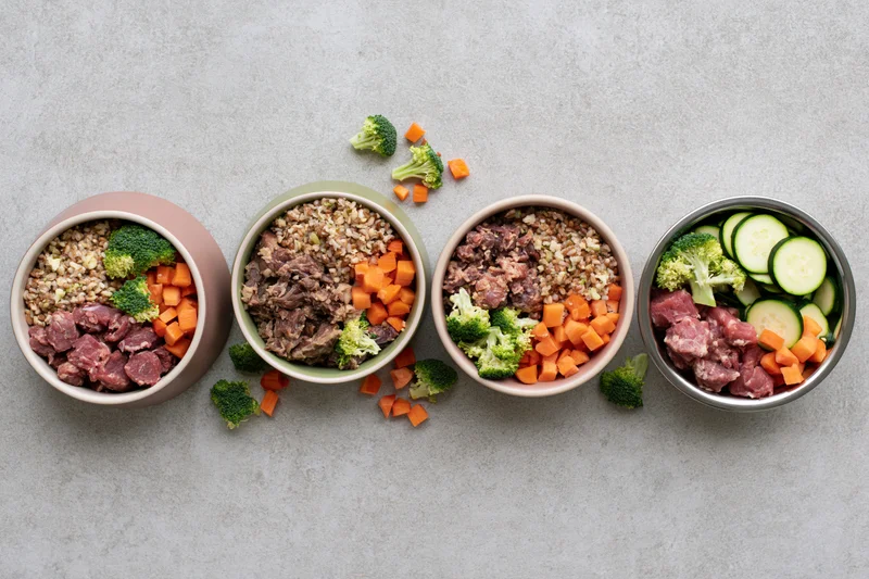 Four pet food bowls arranged in a row on a gray textured surface with meat, vegetables and grains visible inside each bowl