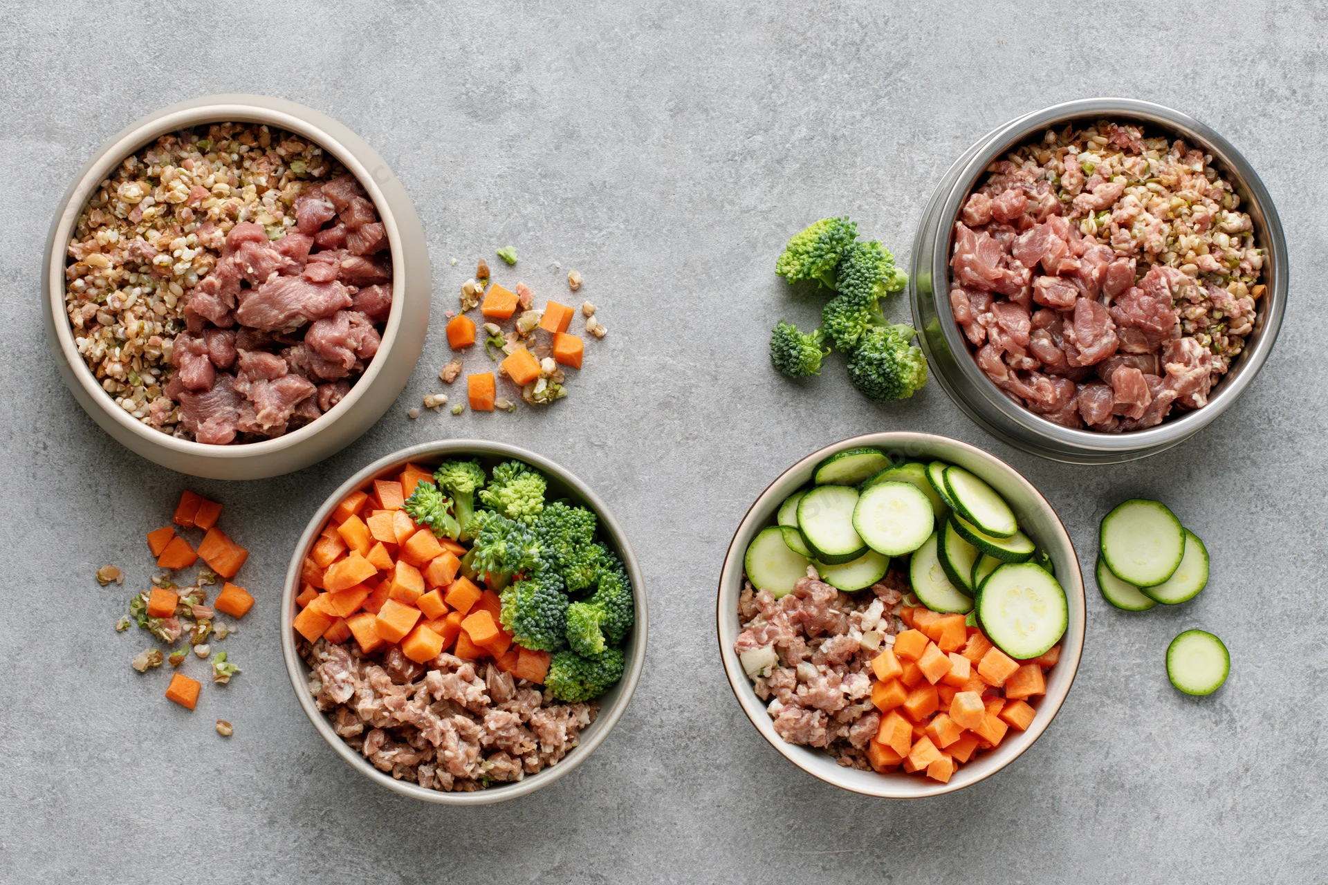 Four pet food bowls filled with raw meat and vegetables arranged on a gray textured surface