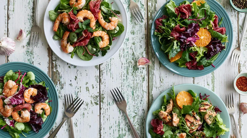 Four salad plates with shrimp and greens arranged overhead on a weathered wooden table