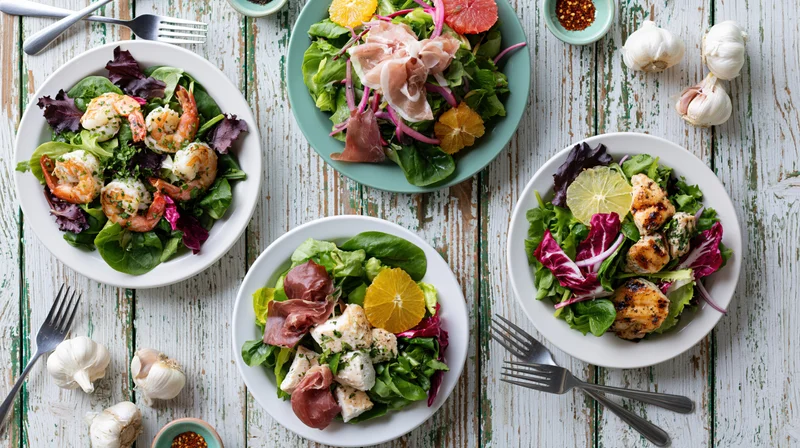 Four restaurant salads with shrimp, chicken and prosciutto arranged overhead on a weathered wooden table