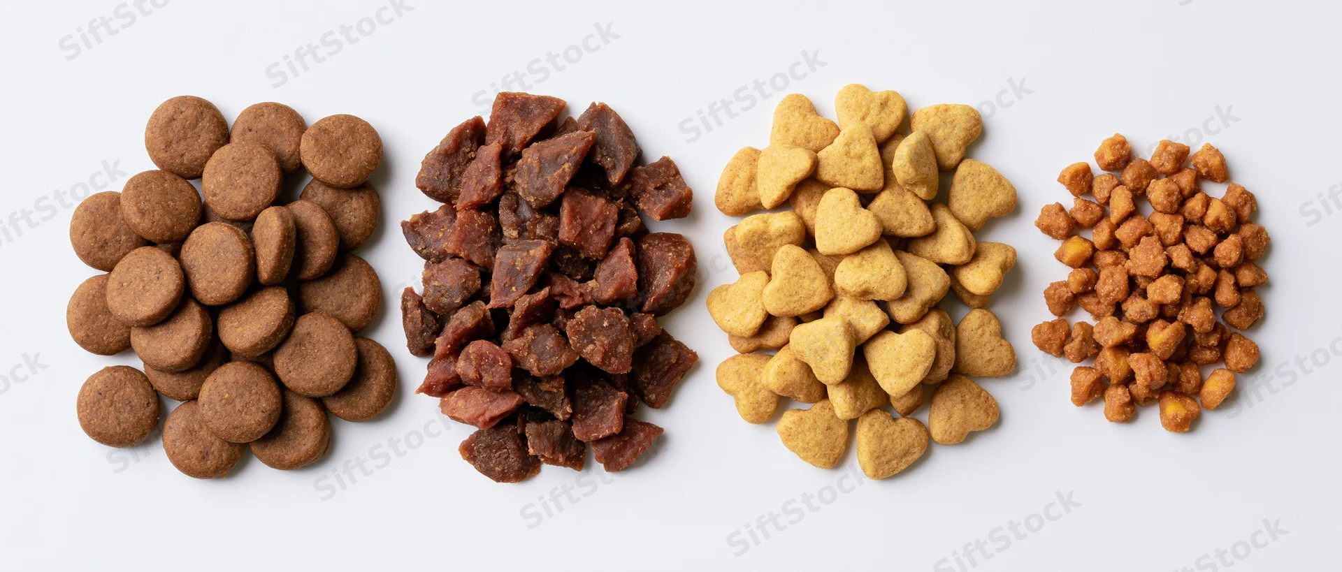 Four piles of dry pet kibble arranged horizontally on white background
