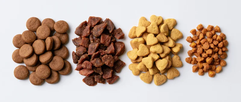Four piles of dry pet kibble arranged horizontally on white background