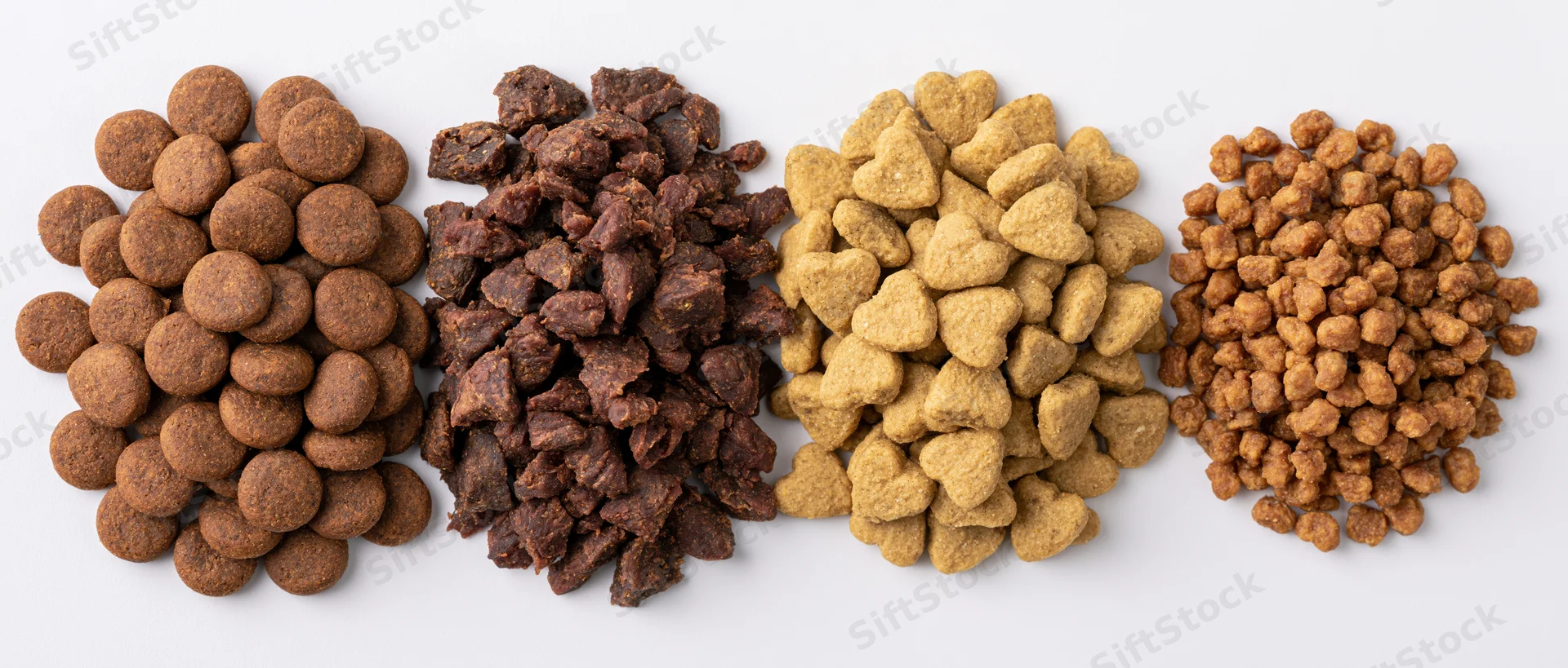 Four piles of dry pet kibble arranged horizontally on white background