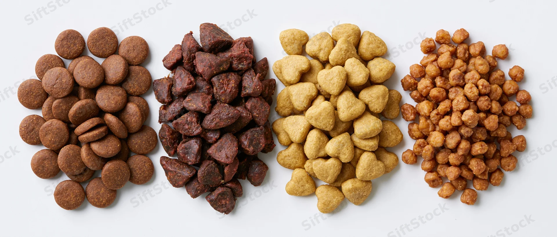Four piles of dry pet kibble arranged horizontally on white background