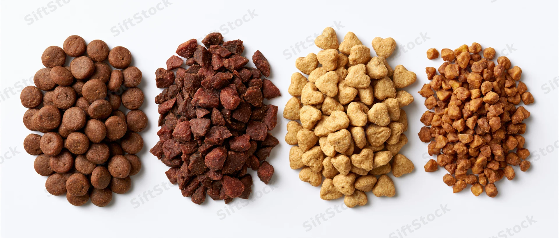 Four piles of dry pet kibble arranged horizontally on white background
