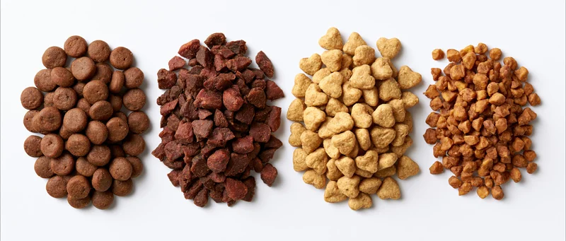 Four piles of dry pet kibble arranged horizontally on white background